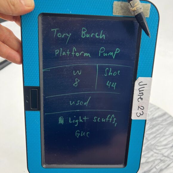 Tory Burch Joelle Platform Pump Womens 8 Linen Patchwork Wood Heel Round Toe - Picture 10 of 11